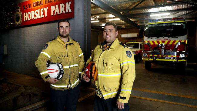 Firefighters Ben Robb and Anthony Ciccaldo in Horsley Park, Sydney, on Monday. Picture: Nikki Short