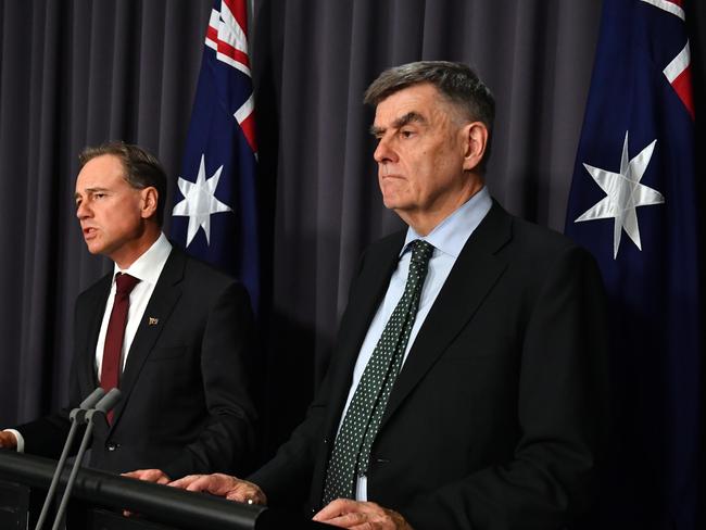 Health Minister Greg Hunt and Chief Medical Officer Professor Brendan Murphy give an update on the coronavirus in Canberra on Wednesday. Picture: AAP