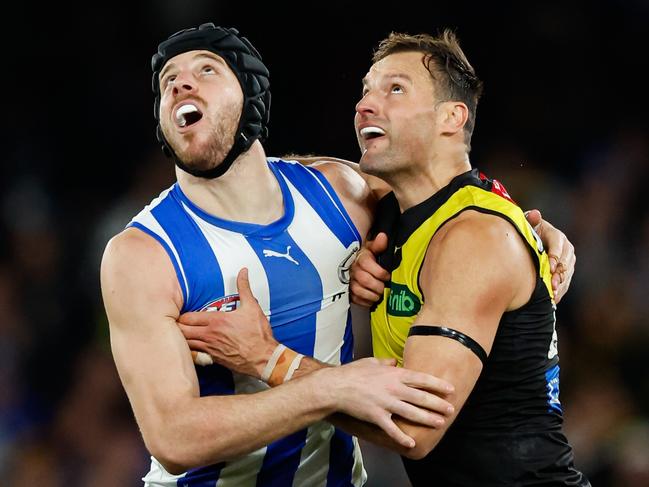 MELBOURNE, AUSTRALIA - AUG 03: Tristan Xerri of the Kangaroos and Toby Nankervis of the Tigers compete in a ruck contest during the 2024 AFL Round 21 match between the North Melbourne Kangaroos and the Richmond Tigers at Marvel Stadium on August 03, 2024 in Melbourne, Australia. (Photo by Dylan Burns/AFL Photos via Getty Images)