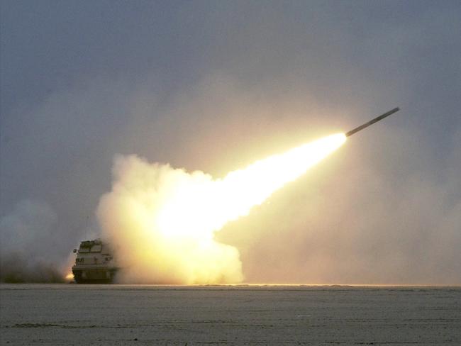 A Multiple Launch Rocket System from B Battery 1st Battalion of the 39th Field Artillery Regiment fires during the Gulf War. Picture: Supplied.