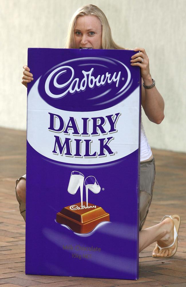 That’s a big secret ... Cadbury’s used the special recipe to make a giant 10kg bar for Commonwealth Games gold medal long jumper Bronwyn Thompson.