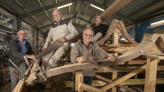 David Cowans, Tony Klieve, David Churchill and Tony Stockton are rebuilding The Independance, a replica of the first sailing ship built in South Australia. Picture Simon Cross