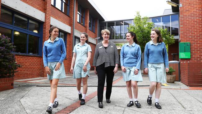 Mater Christi College principal Mary Fitz-Gerald with students. Picture: Aaron Francis