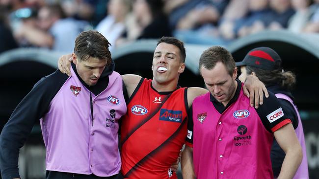 Dylan Shiel was among the three Bombers who went down during their loss. Picture: Getty Images