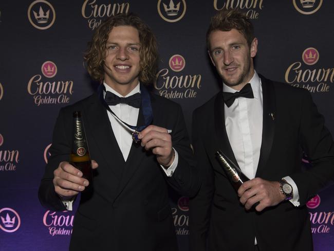 Nat Fyfe and Michael Barlow at last year’s ‘Crown Golden Ale Brownlow Medal After Party’ at Club 2.3