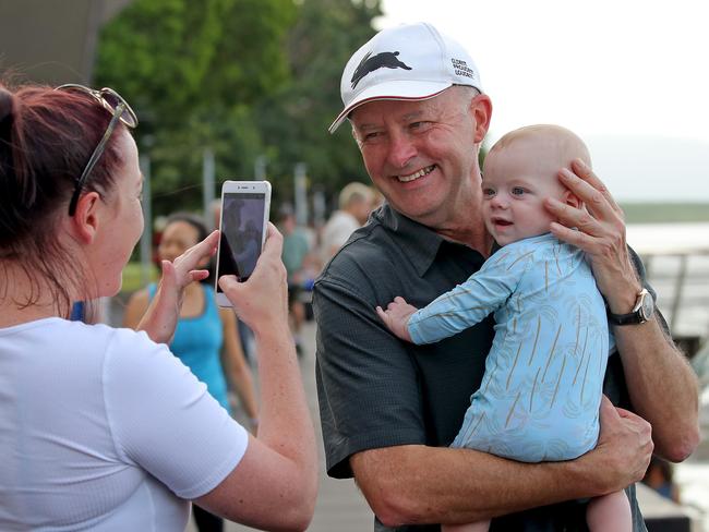 Labor leader Anthony Albanese meets five-month-old Alex Jerrard along with mum and dad Megan and Mike from Cairns, while on the election trail. Picture: Toby Zerna