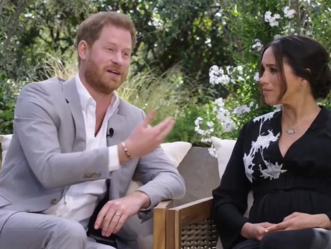 Oprah and Meghan Markle interview on CBS. Oprah, Prince Harry and Meghan Markle Picture: Screengrab