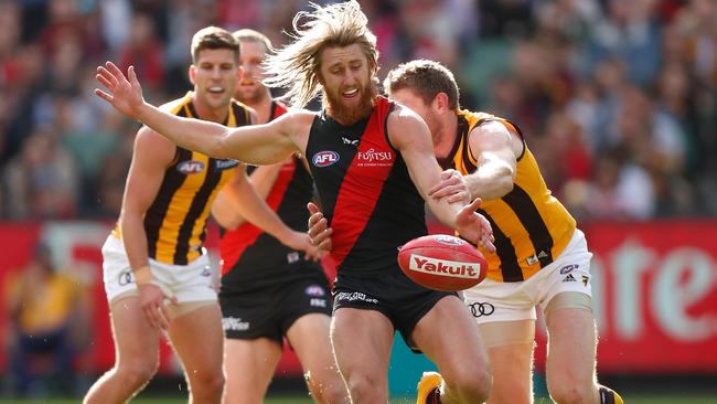 Dyson Heppell drives his side forward early in the Round 20 thriller. Pic: Getty Images