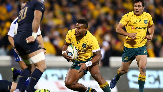 Samu Kerevi of the Wallabies runs the ball against Argentina at Canberra Stadium.