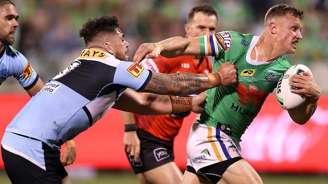 CANBERRA, AUSTRALIA - OCTOBER 03:  Jack Wighton of the Raiders scores a try during the NRL Elimination Final match between the Canberra Raiders and the Cronulla Sharks at GIO Stadium on October 03, 2020 in Canberra, Australia. (Photo by Cameron Spencer/Getty Images)