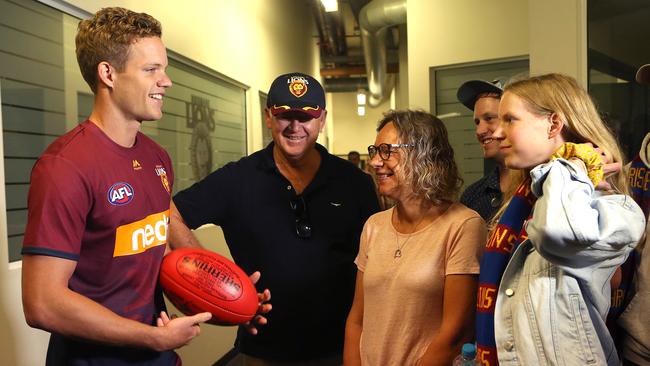 Mitch Hinge pictured with his family before making his Brisbane Lions debut. Picture: Jono Searle/AFL Photos/Getty Images.