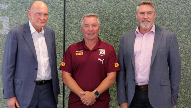 Bruce Hatcher with Maroons coach Paul Green and QRL managing director Robert Moore.