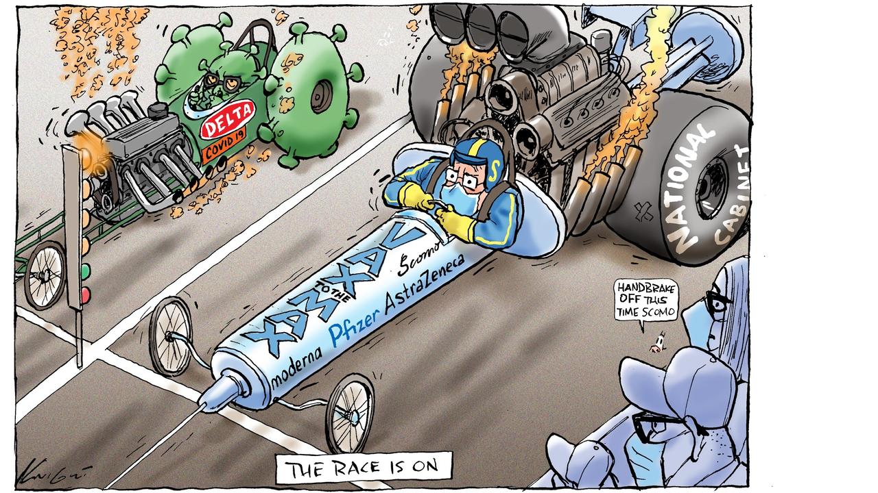 Cartoonist Mark Knight likens Australia's vaccination push with a drag car race between a syringe full of vaccine and the Delta variant of Covid-19.