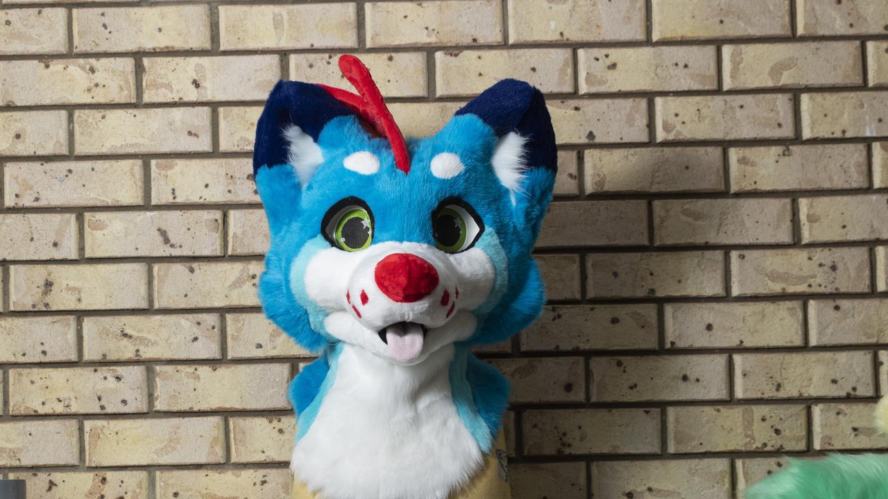 The just-made “cheerful and cute” head of Squid, Danny Kerr’s new fursona, in Gabi’s workshop. Picture: Mark Cranitch