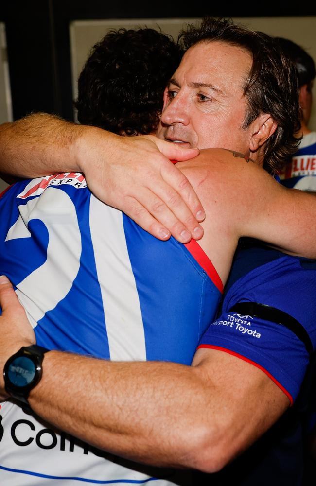 Luke Beveridge hugs Tom Liberatore after the win over GWS in round 24. Picture: Dylan Burns/AFL Photos