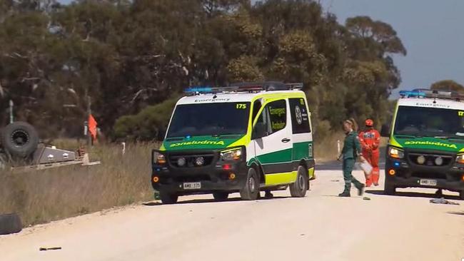 Paramedics at the scene of the double fatal crash at Willalooka. Picture: 7NEWS