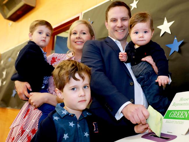 Mitchell federal Liberal MP Alex Hawke with his son Lachlan (left), wife Amilia and sons Jack (front) and Thomas (right). Picture: Angelo Velardo