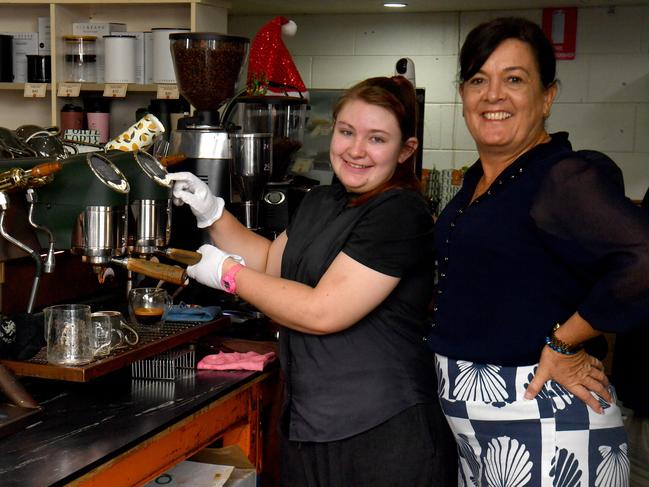 Equality Education student Hannah Dawson, with Thuringowa MP Natalie Marr, practising her barista skills at Coffee Presto in Rosslea. Picture: Evan Morgan