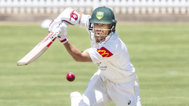 Warner plays a shot on his way to his hundred. Picture: Jenny Evans