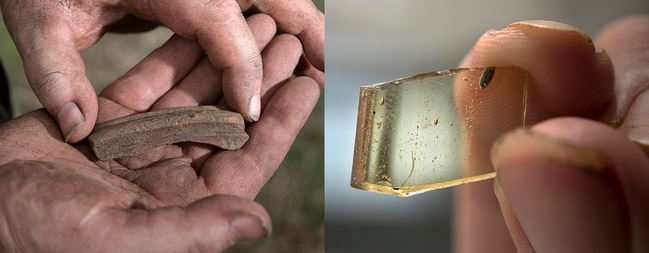 Fragments of red-slip ceramics, left, and fine glass point to Tintagel having been occupied by a family of high status during the early Dark Ages.