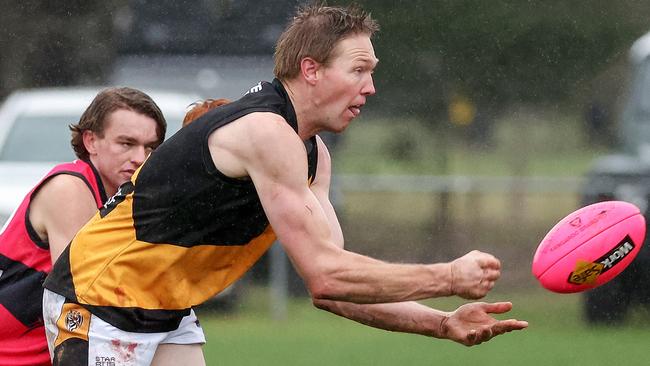 RDFL footy: Romsey v Lancefield at Romsey Park. 4th June 2022. Tom Waters in action for Lancefield.Picture : George Sal