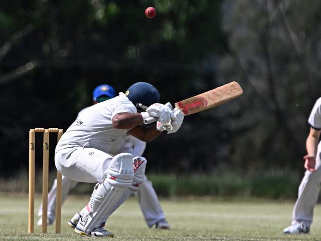 Sydenham HillsideÃs GK Weerasekara during the VTCA Altona North v Sydenham Hillside cricket match in Altona North, Saturday, Jan. 21, 2023.Picture: Andy Brownbill