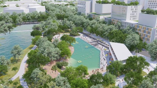 Supplied renders of a man-made beach at Bradfield Parklands which has been unveiled in the Bradfield masterplan.,