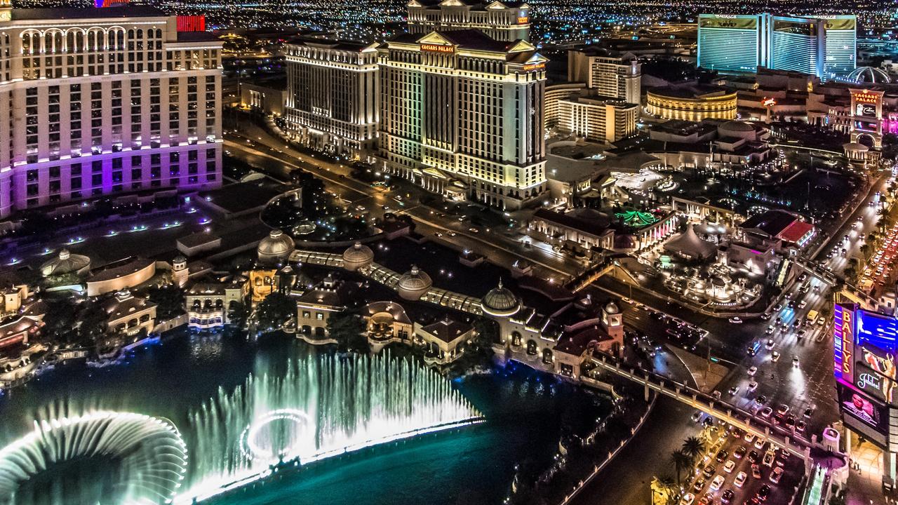 High angle view of Las Vegas Strip at night.