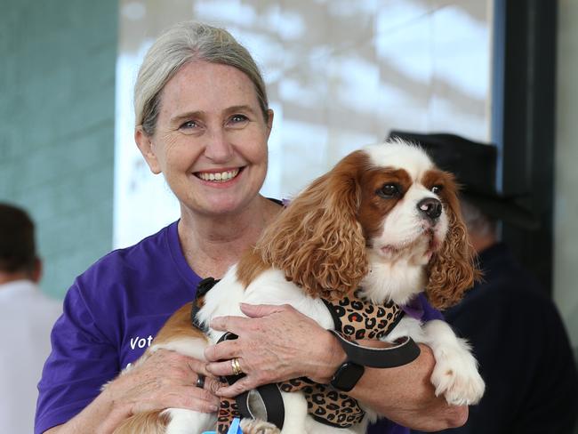 29/04/2022. Linda Seymour, Independent Candidate for the seat of Hughes out campaigning in Jannali  in Sydney's South, with campaign dog Lochie the Cavalier. Britta Campion / The Australian