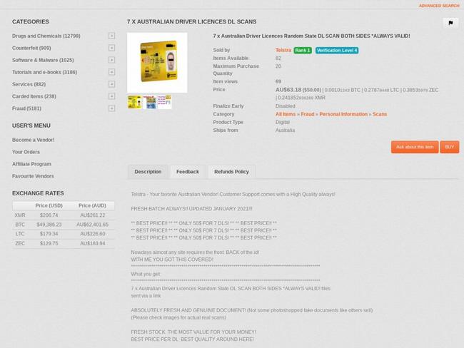 Advertisements for Australian drivers licences are for sale on the Dark Net. Picture: Supplied