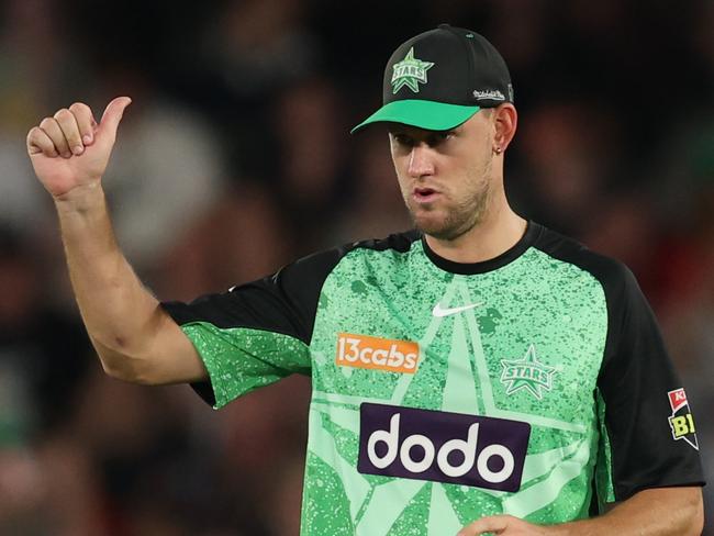 MELBOURNE, AUSTRALIA - JANUARY 12: Beau Webster of the Stars gestures during the BBL match between Melbourne Renegades and Melbourne Stars at Marvel Stadium, on January 12, 2025, in Melbourne, Australia. (Photo by Robert Cianflone/Getty Images)