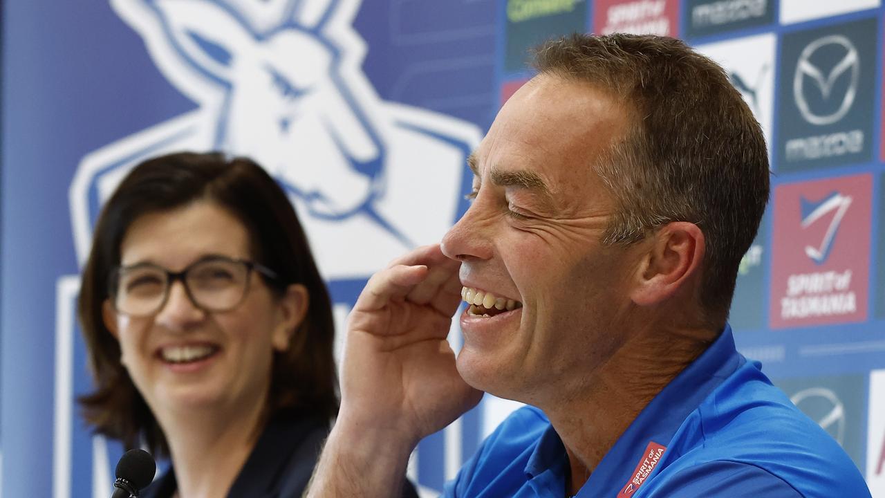 MELBOURNE, AUSTRALIA - AUGUST 19: Alastair Clarkson speaks to the media during a North Melbourne Kangaroos AFL Media Opportunity at Arden Street Ground on August 19, 2022 in Melbourne, Australia. Clarkson has agreed to coach the North Melbourne Football Club for the next five seasons, officially beginning on November 1, 2022. (Photo by Darrian Traynor/Getty Images)