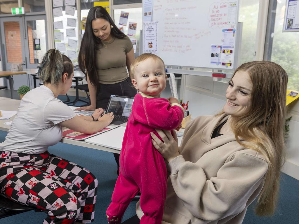 Young mothers Mel (20), Phoebe (23) and Aahlia (18) with Aahlia’s baby Amora (9 months). Picture: Wayne Taylor