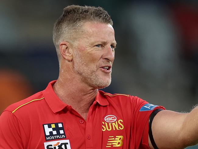 CANBERRA, AUSTRALIA - FEBRUARY 29: Suns head coach Damien Hardwick looks on during the 2024 AFL Community Series match between Greater Western Sydney Giants and Gold Coast Suns at Manuka Oval on February 29, 2024 in Canberra, Australia. (Photo by Matt King/Getty Images)