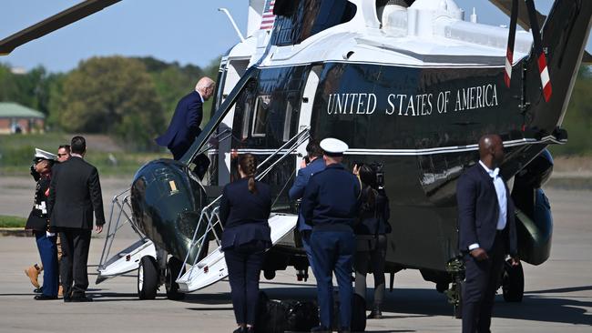 US President Joe Biden boards Marine One as he departs Marine Corps Air Facility Quantico in Triangle, Virginia, on April 22, 2024. Picture: AFP