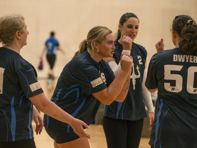 Emma TiaTia in actionas the Ballina Tridents V the Seniorits in the Pan Pacific Masters Games Volletball tournament. Picture: Glenn Campbell