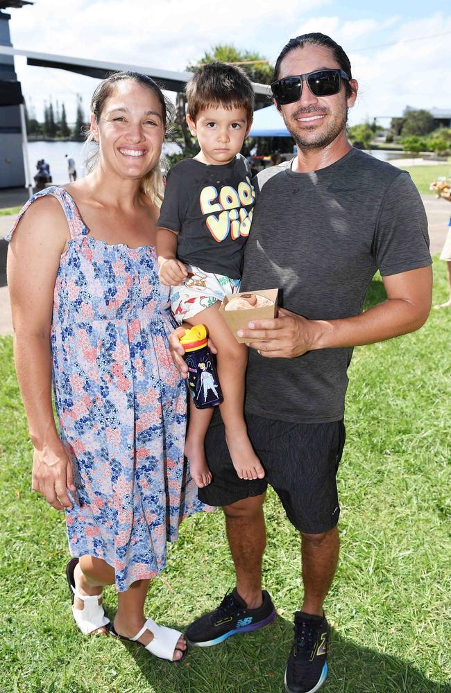 Annie, James, 2, and Javier Oros at Picnic by the Lake, Kawana. Picture: Patrick Woods.