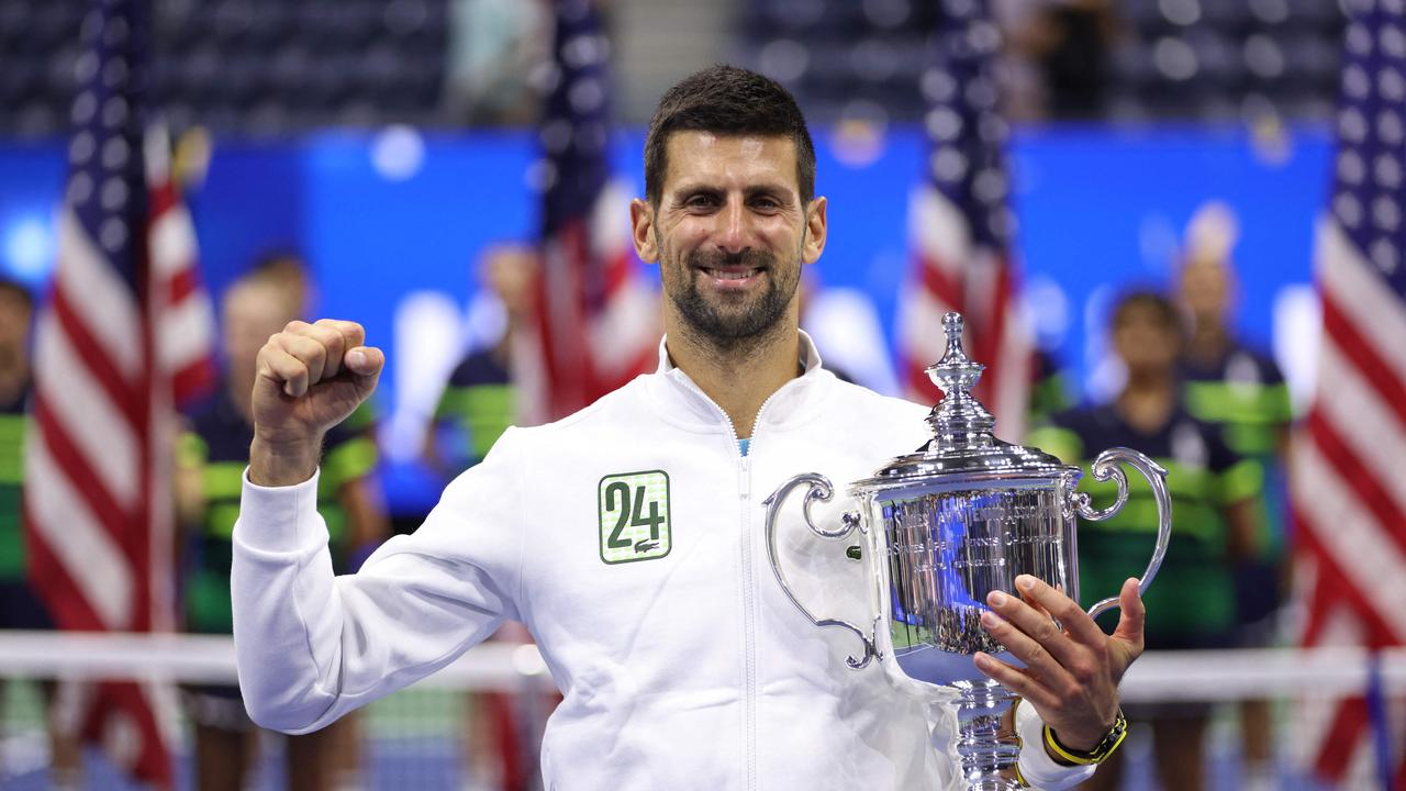 Novak Djokovic after defeating Daniil Medvedev to win the 2023 US Open. Clive Brunskill/Getty Images/AFP