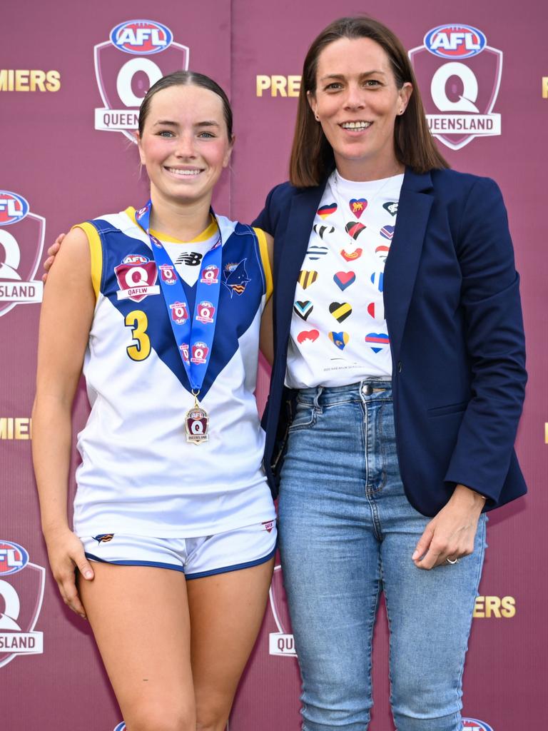 Head of AFL Queensland Trisha Squires with Shannon Nolan (left) of Bond University won the women's reserves best on ground award for the QAFL grand final. Picture: Supplied