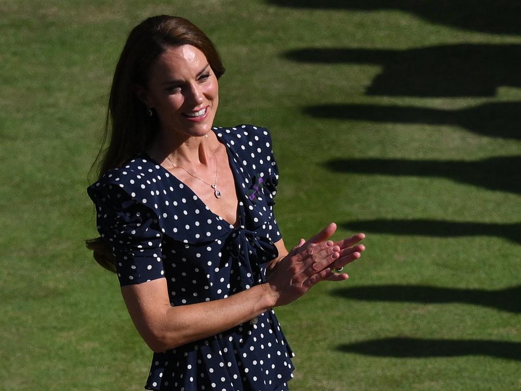 Britain's Catherine, Duchess of Cambridge, applauds during the trophy ceremony of the men's singles final. Picture: Daniel Leal/AFP