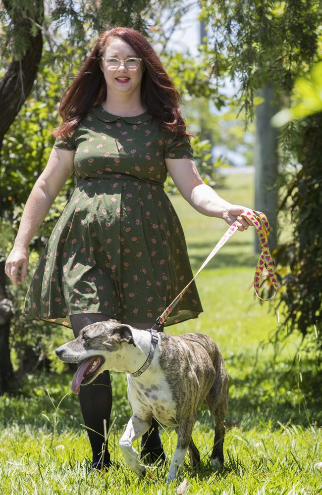 Comedian Mel Buttle walks her dog Ruby. Picture: Lachie Millard