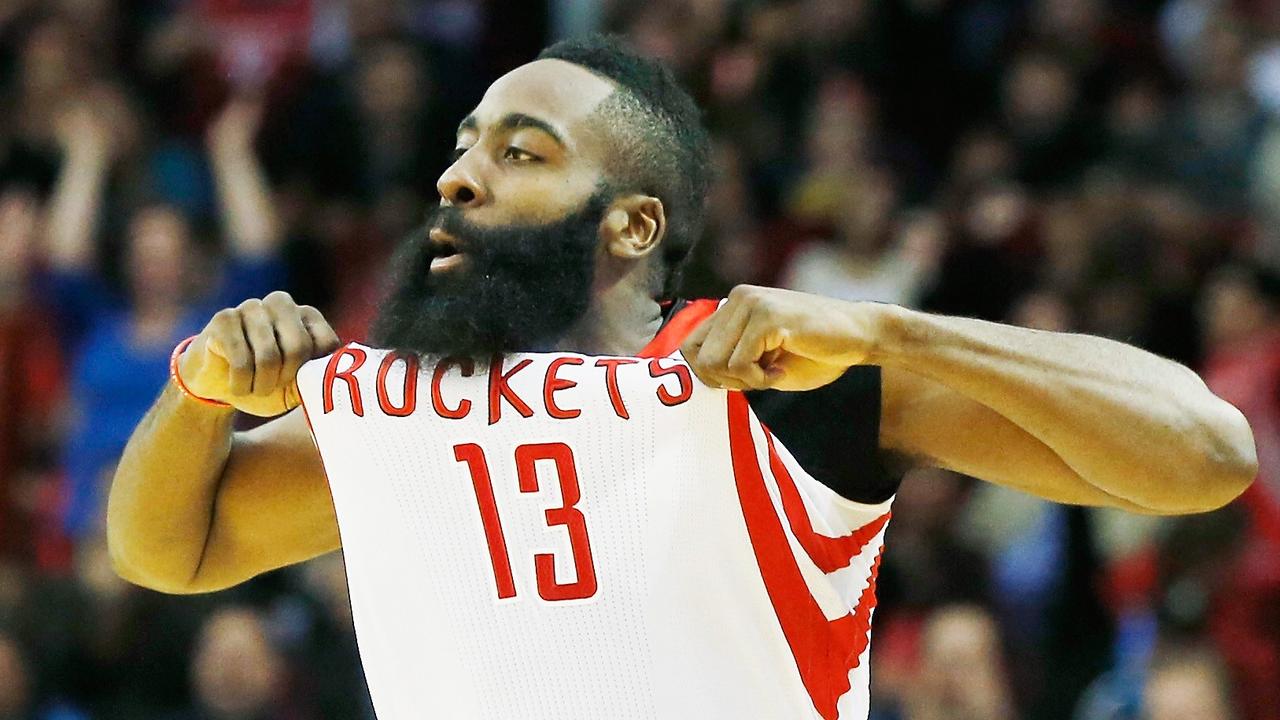 HOUSTON, TX - NOVEMBER 14: James Harden #13 of the Houston Rockets celebrates after a three-point basket during the game against the Philadelphia 76ers at the Toyota Center on November 14, 2014 in Houston, Texas. NOTE TO USER: User expressly acknowledges and agrees that, by downloading and/or using this photograph, user is consenting to the terms and conditions of the Getty Images License Agreement. Scott Halleran/Getty Images/AFP == FOR NEWSPAPERS, INTERNET, TELCOS & TELEVISION USE ONLY ==