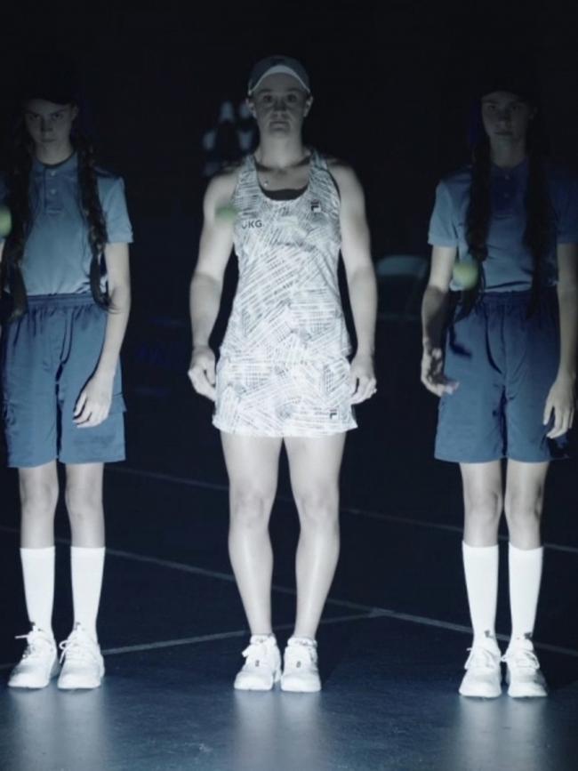 Ash Barty with ghostly ball kids in a new Uber Eats commercial. Picture: Uber Eats.