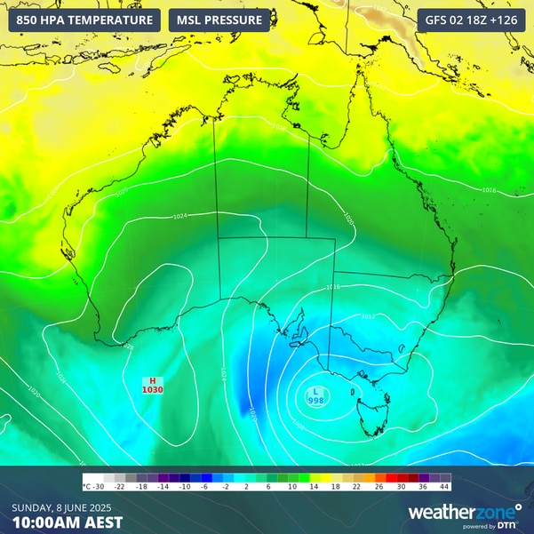 Cold air patterns across southern parts of the country. Picture: Weatherzone