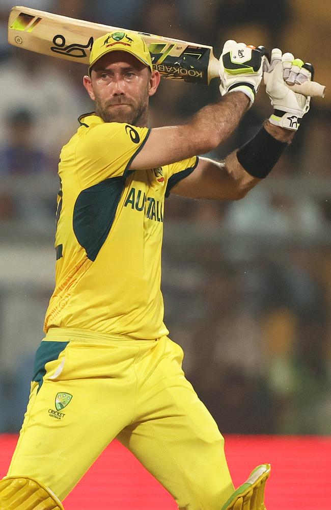 Glenn Maxwell hits out during his astonishing 201 not out against Afghanistan at the 2023 Cricket World Cup. Picture: Robert Cianflone/Getty Images