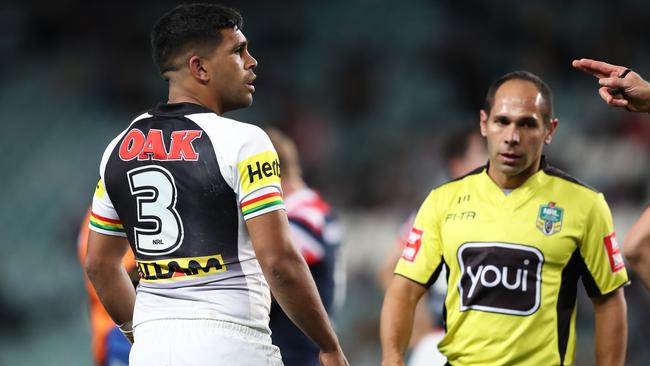 Tyrone Peachey gets his marching orders. Or strolling orders. (Brett Costello)