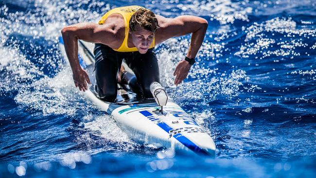 Tasmanian Matt Bevilacqua on the way to winning his third Molokai 2 Oahu paddling world championship. Picture: JIANCA LAZARUS