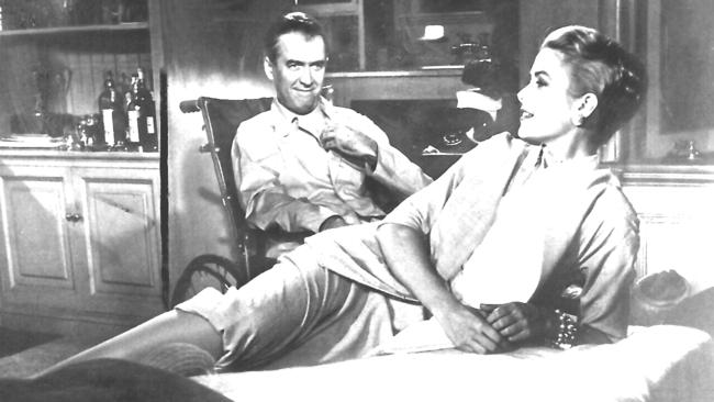 Actors James Stewart and Grace Kelly in the 1954 Hitchcock film Rear Window.