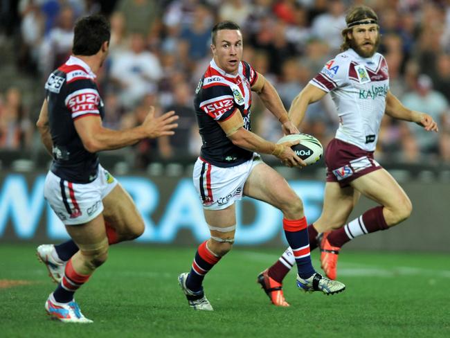 Referee’s miss a blatantly forward pass from James Maloney that leads to the match winning try in the 2013 grand final. Picture: AAP