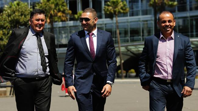 Robbie Farah of the Wests Tigers rugby league team arrives with his manager Sam Ayoub at the Wests Tigers grand final luncheon at Doltone House, Sydney. Pic Brett Costello